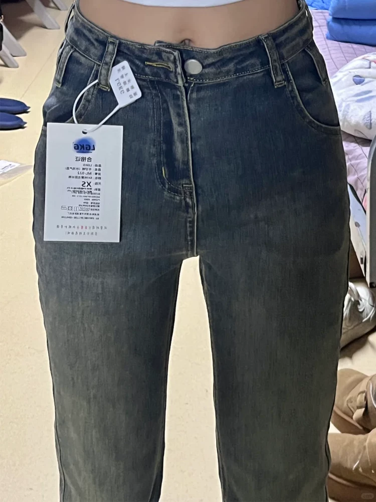 Quần jean xanh vintage dáng loe dành cho nữ, mùa thu, size lớn, cạp cao, co giãn, che hông, tôn dáng, dành cho người có thân hình quả lê, quần ống loe