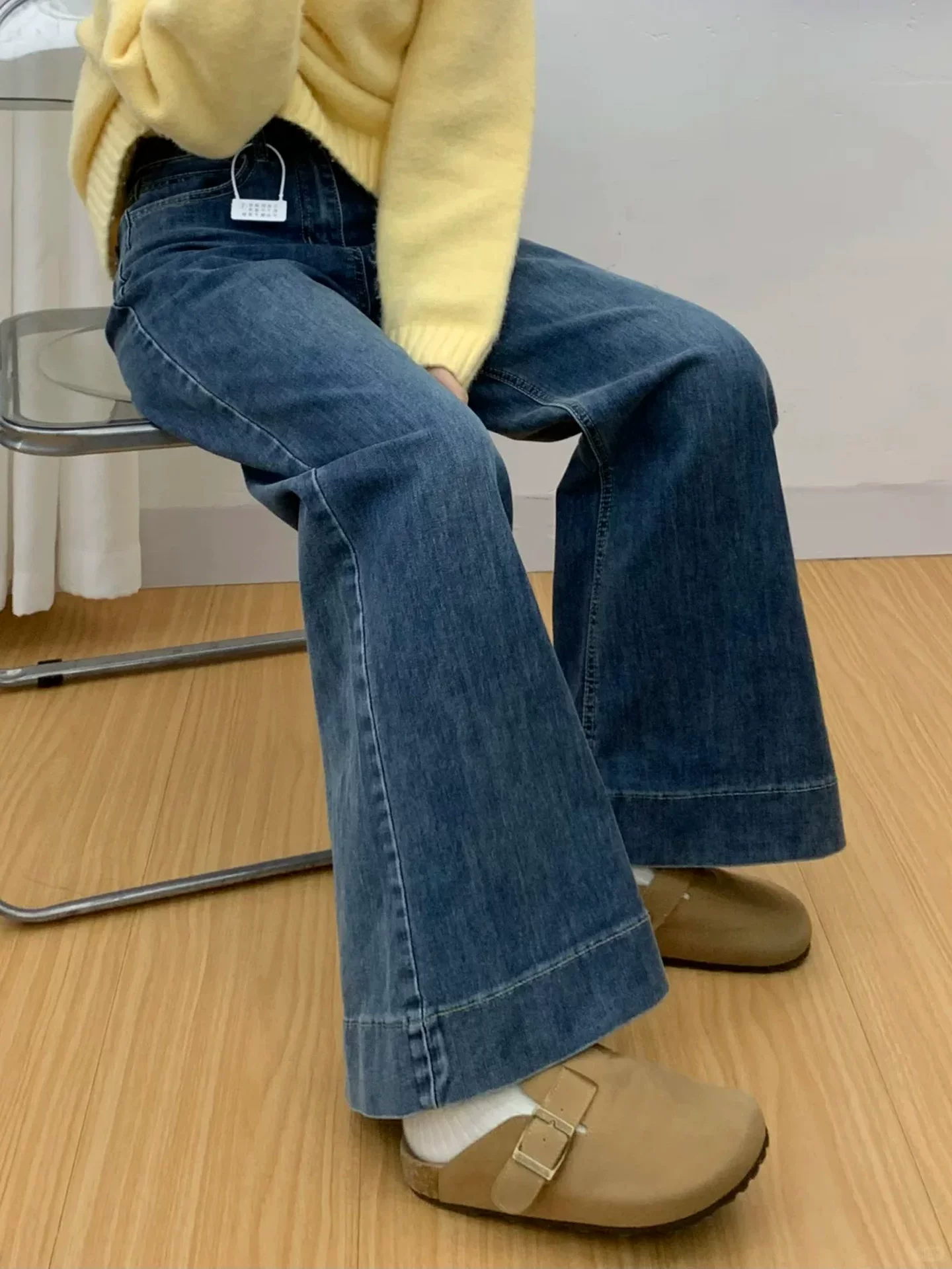 Quần jean ống đứng màu xanh cổ điển dành cho nữ, đầu thu, cỡ lớn, lưng cao, co giãn, quần ống loe thon gọn