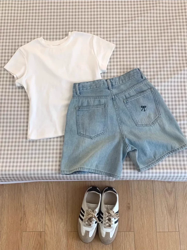 Quần short denim thêu nơ màu xanh nhạt cỡ lớn dành cho nữ mùa hè lưng cao dáng rộng dáng rộng quần ống rộng giảm béo