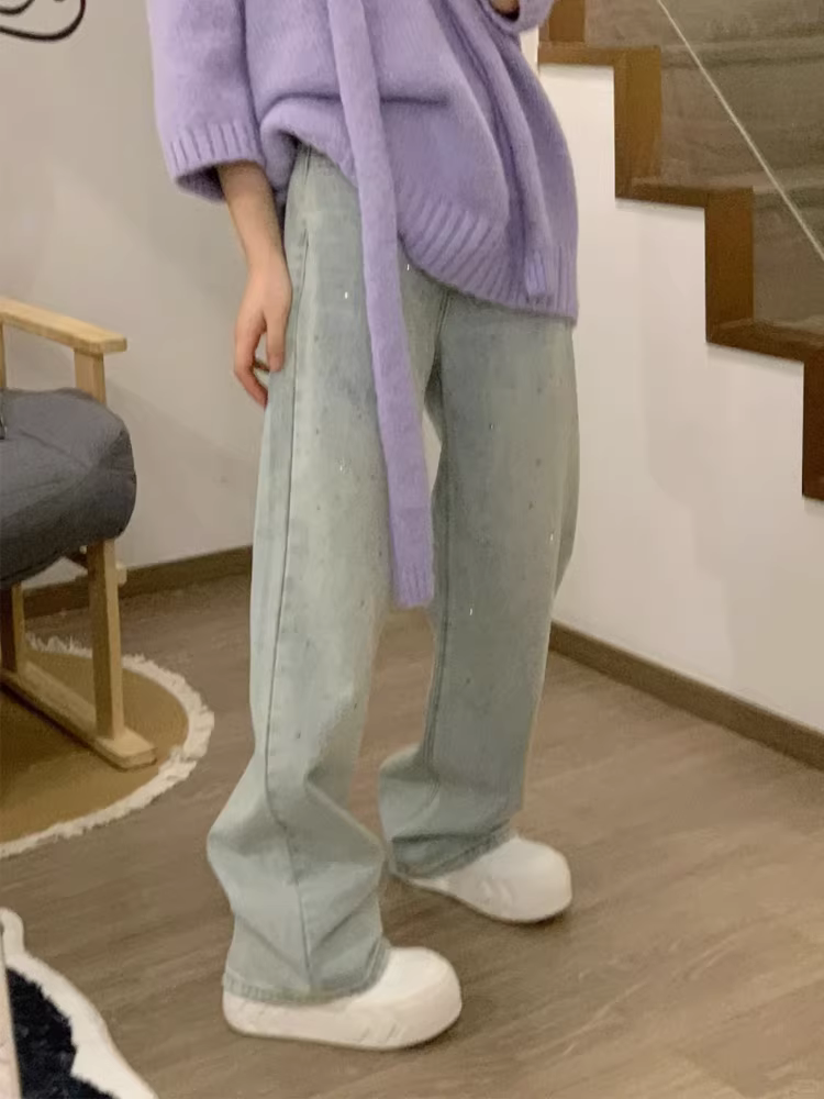 Quần jean ống đứng màu xanh nhạt đính kim cương dành cho nữ, xuân 2025, size lớn, cạp cao, tôn dáng, quần ống rộng