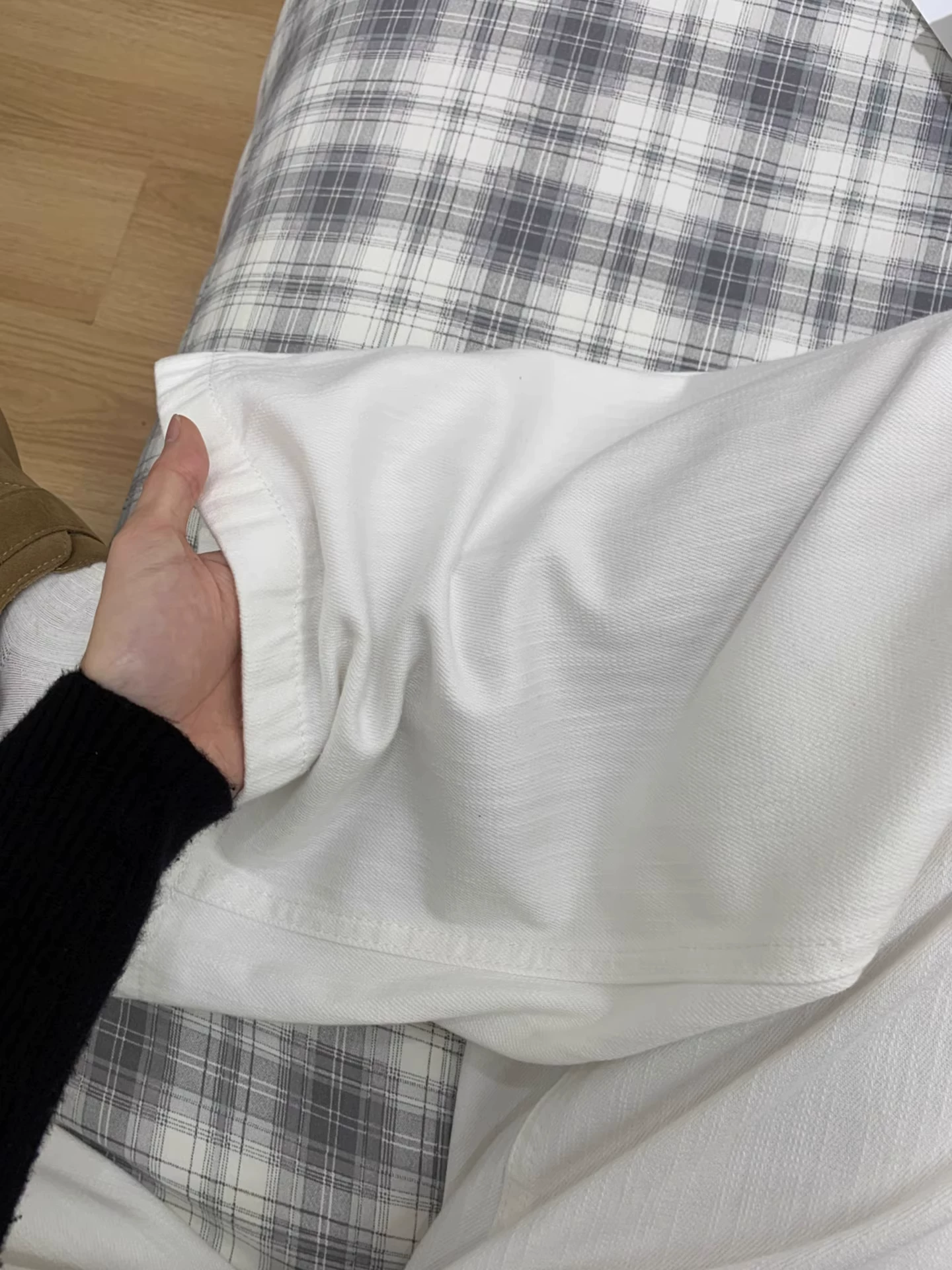 Quần jean ống rộng màu trắng dành cho nữ, mùa thu đông, lót lông cừu, dày, cỡ lớn, lưng cao, dáng rộng, giảm béo, ống thẳng, quần dài đến sàn.