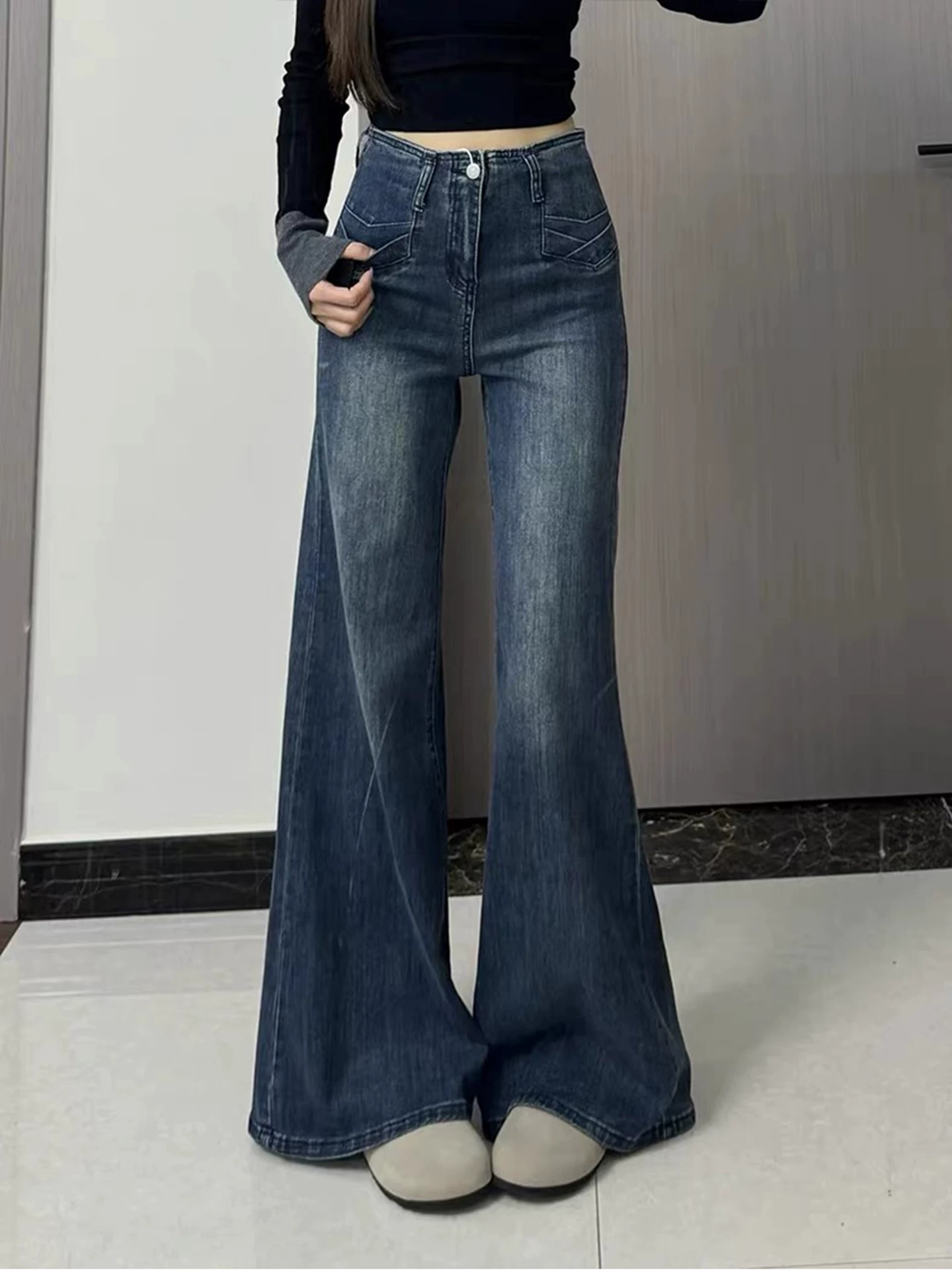 Quần ống loe nữ, kiểu thu mới, size lớn, lưng cao, co giãn, tôn dáng, dành cho người có thân hình quả lê, quần denim không bó sát