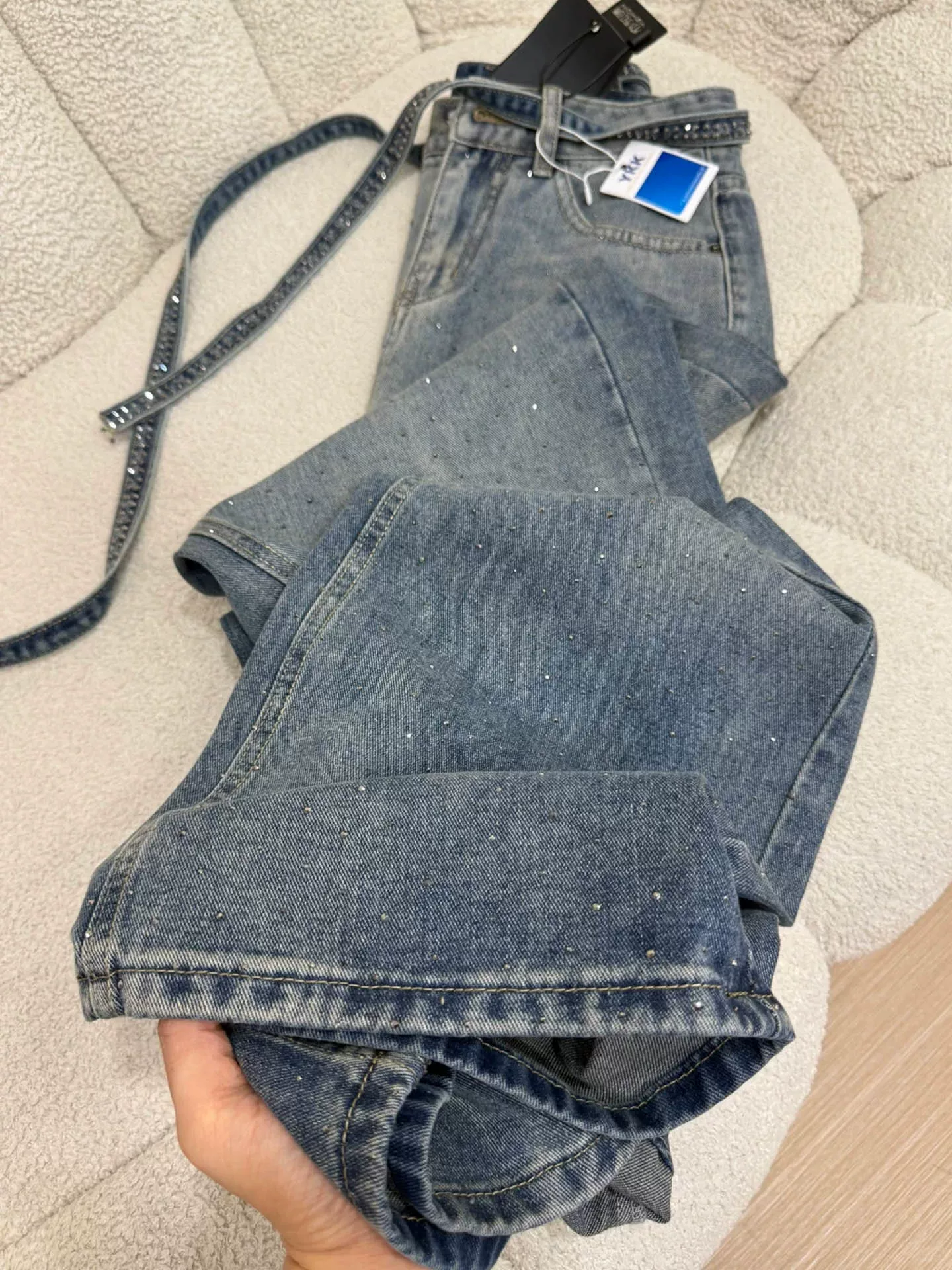 Quần jean Tencel đính đá cho nữ, size lớn, cạp cao, dáng rộng, mềm mại, tôn dáng, dành cho người có thân hình quả lê, quần ống rộng chất liệu lụa đá