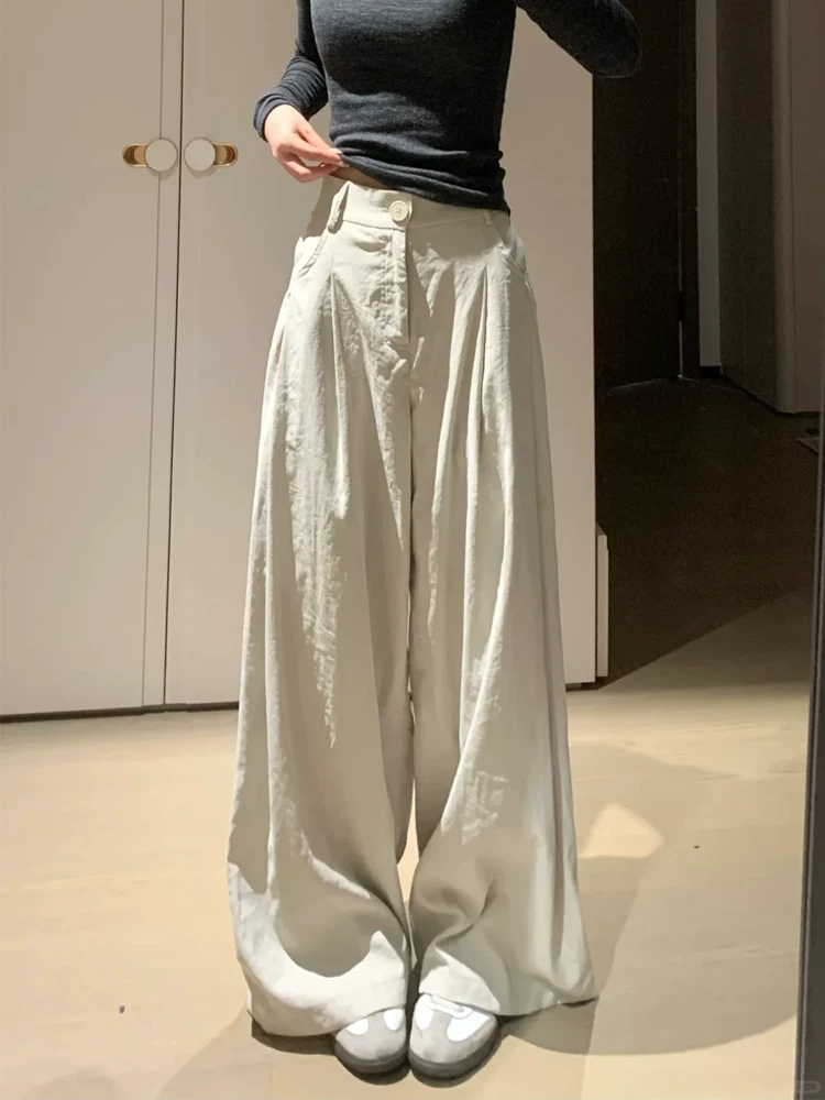 Quần ống rộng màu trắng dành cho nữ, cỡ lớn mùa hè, lưng cao, dáng rộng, thon gọn, dáng quả lê, ống thẳng, quần dài chạm sàn