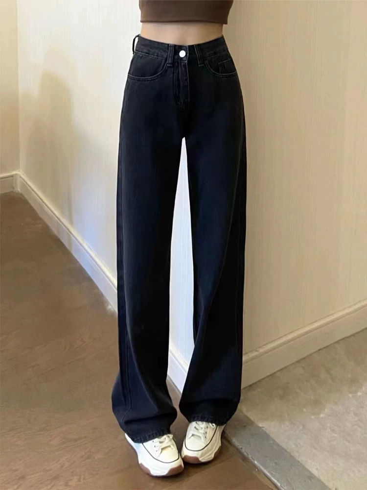 Quần jean ống thẳng màu đen dáng quả lê dành cho nữ, kiểu dáng đầu thu cỡ lớn, cạp cao, che hông, dáng rộng, quần ống rộng giúp thon gọn