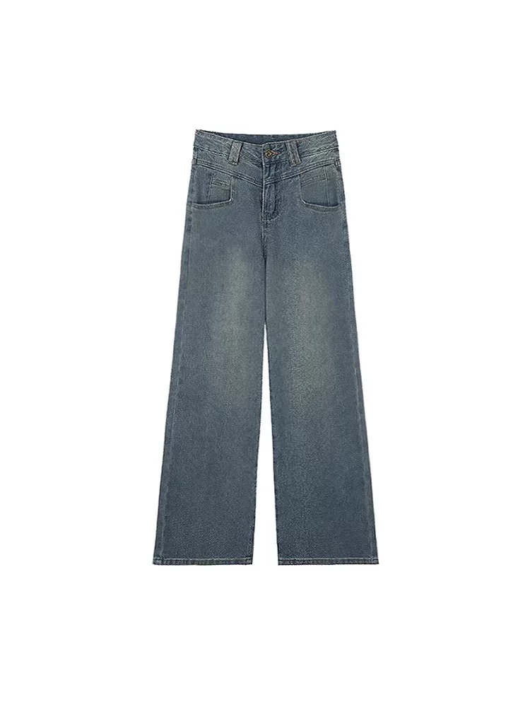 Quần jean ống thẳng họa tiết ngôi sao màu xanh cổ điển dành cho nữ, đầu thu, cỡ lớn, lưng cao, dáng rộng, che hông, giảm béo, quần ống rộng