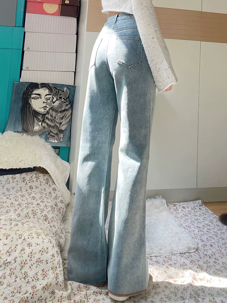 Quần jean ống rộng dành cho phụ nữ cỡ lớn, kiểu mới đầu xuân, cỡ lớn, màu xanh cổ điển, lưng cao, dáng rộng, dáng thon gọn, quần dài hình móng ngựa.