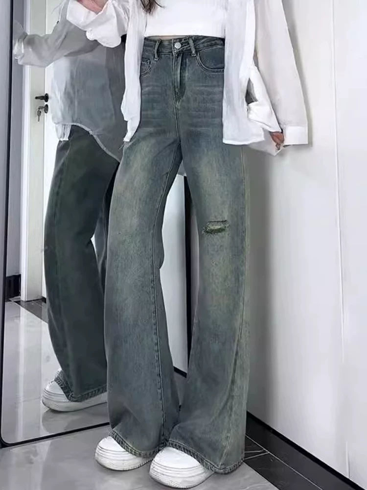 Quần jeans rách dáng loe dành cho nữ, mùa thu, size lớn, cạp cao, co giãn, tôn dáng, dành cho người có dáng quả lê, quần ống chuông