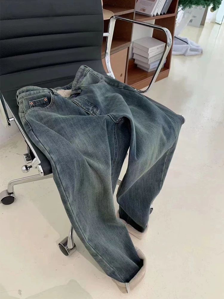 Quần jeans ống đứng dày dặn lót lông màu xanh cổ điển dành cho nữ, thu đông 2025, size lớn, cạp cao, dáng rộng, tôn dáng