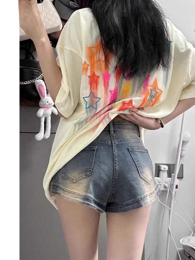 Quần short denim cổ điển kiểu Mỹ dành cho nữ, phong cách mới mùa hè, cỡ lớn, lưng cao, co giãn, che hông, quần bó sát dáng chữ A nâng mông.
