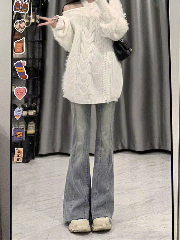 Quần jean ống đứng hơi loe, dáng quả lê, dành cho nữ, size lớn, phong cách đầu thu, cạp cao, co giãn, tôn dáng, viền quần xù