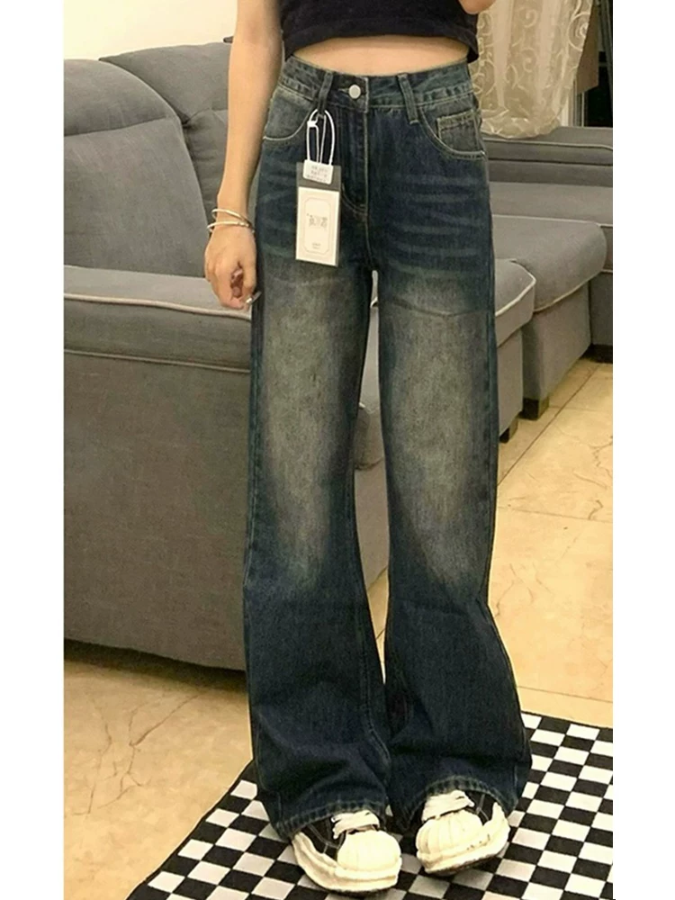 Quần jeans dáng chuông retro dáng quả lê cho nữ, mẫu mới đầu thu, size lớn, cạp cao, rộng thùng thình, dài chấm đất