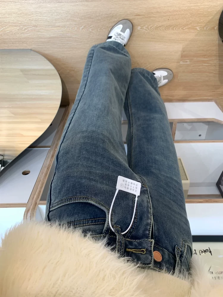 Quần jeans xanh vintage dáng loe nữ thu đông 2025, size lớn, cạp cao, rộng rãi, tôn dáng, ống đứng, kiểu chuông