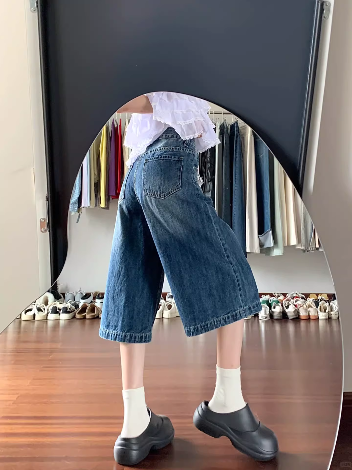 Quần jean ống rộng kiểu Mỹ cổ điển dành cho nữ, phong cách mùa hè mới, cỡ lớn, lưng cao, dáng rộng, thon gọn, ống thẳng, quần lửng.