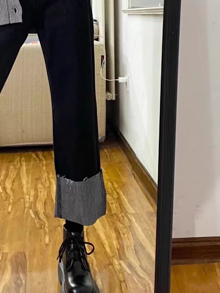 Quần jean ống đứng dáng lê dành cho nữ, kiểu dáng mùa thu mới, cỡ lớn, lưng cao, co giãn, che hông, quần thuốc lá tôn dáng