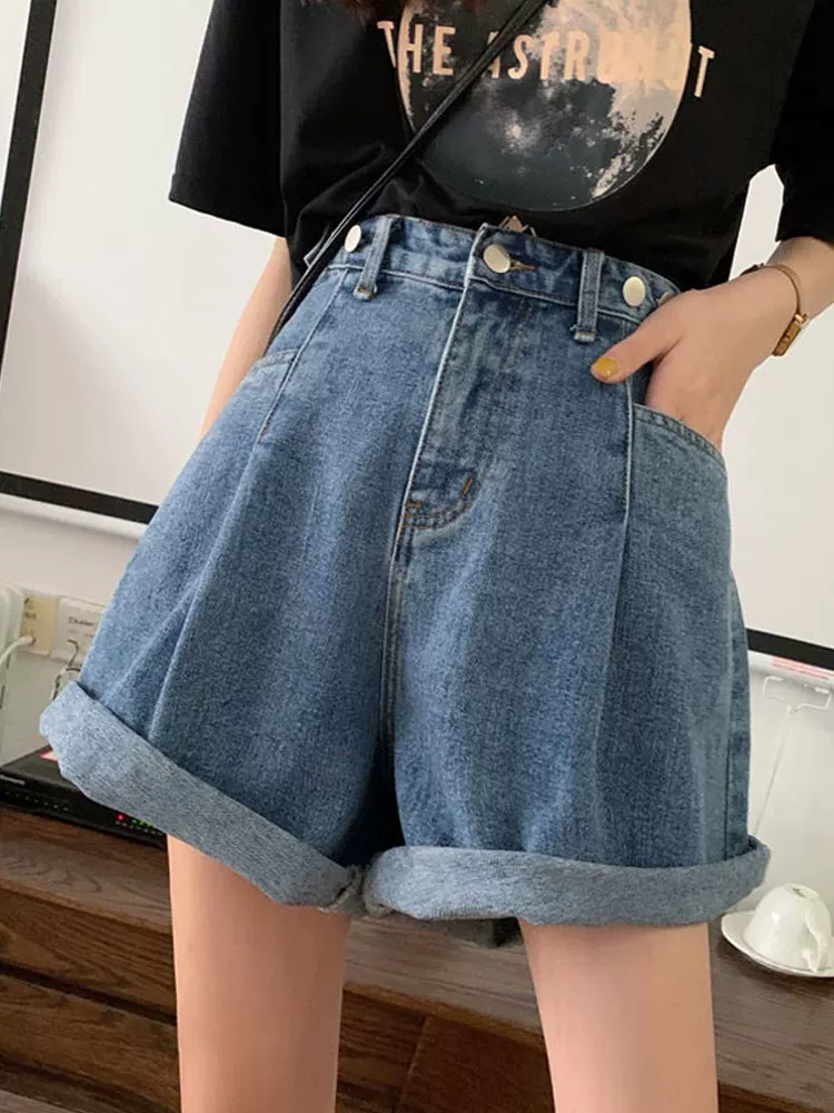 Quần short denim lưng cao cỡ lớn dành cho nữ, kiểu dáng mùa hè mới, dáng quả lê, dáng rộng, tôn dáng, quần năm điểm, quần ống rộng chữ A.
