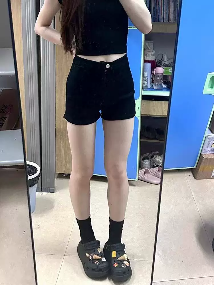 Quần short denim đen dành cho nữ, mùa hè, cỡ lớn, lưng cao, co giãn, che bụng, giảm béo, dáng quả lê, quần chữ A nóng bỏng cho cô gái nóng bỏng