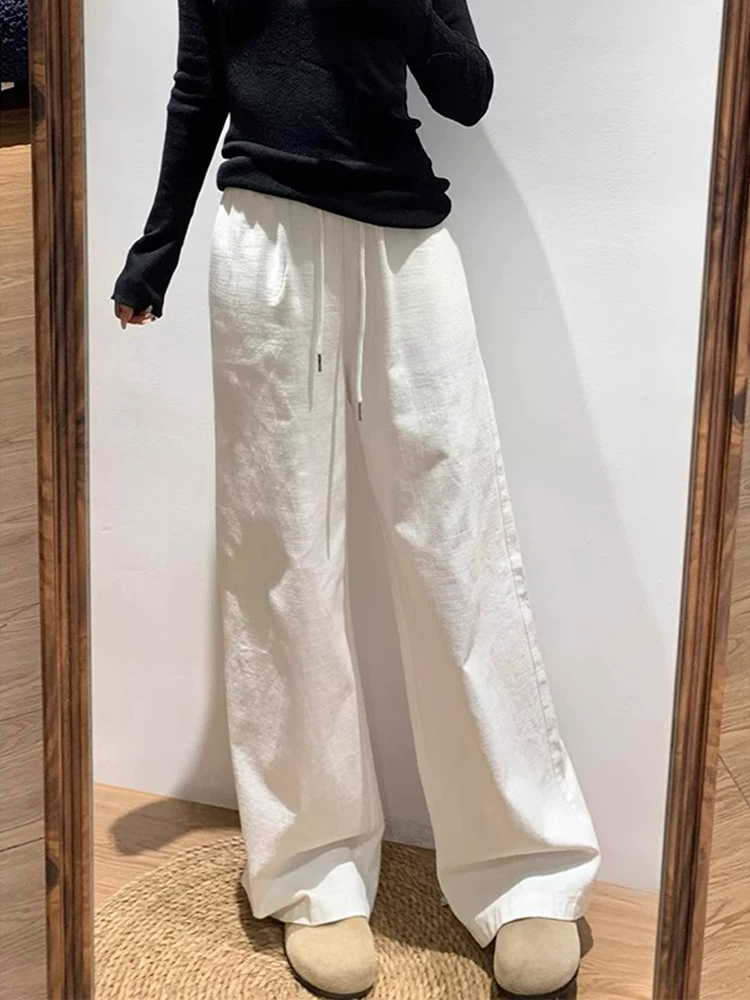 Quần ống rộng màu trắng dành cho nữ, mùa xuân hè, cỡ lớn, lưng cao, dáng rộng, giảm béo, dáng quả lê, quần ống thẳng, dài đến sàn