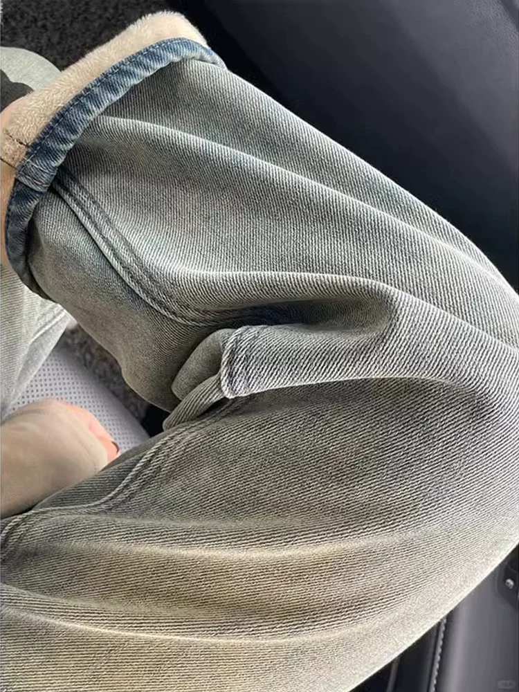 Quần jean ống thẳng dày lót lông cừu màu sáng dành cho nữ, mùa thu đông, cỡ lớn, lưng cao, dáng rộng, mềm mại, tôn dáng, quần ống rộng.