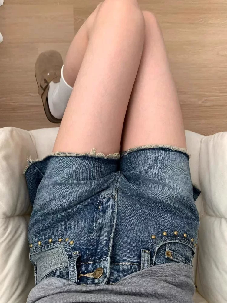 Quần short denim cổ điển dành cho nữ, cỡ lớn mùa hè, kiểu dáng thời trang, cạp cao, che hông, quần ống rộng dáng chữ A, rách, tôn dáng