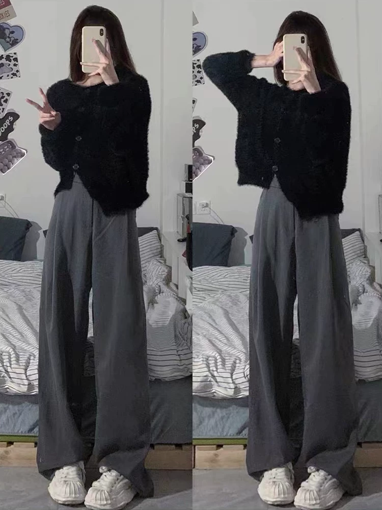 Quần tây đen nữ, kiểu thu mới, size lớn, cạp cao, dáng suôn, tôn dáng, quần thường ngày, dáng quả lê, quần ống rộng.