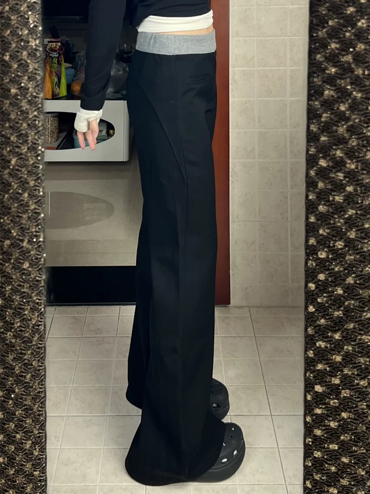 Quần thể thao nữ ống rộng, phối màu đen, kiểu dáng xuông, chất liệu thun, size lớn, lưng cao, rộng rãi, tôn dáng, mùa xuân 2025