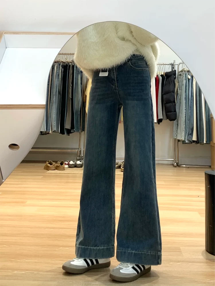 Quần jeans xanh vintage dáng loe nữ thu đông 2025, size lớn, cạp cao, rộng rãi, tôn dáng, ống đứng, kiểu chuông