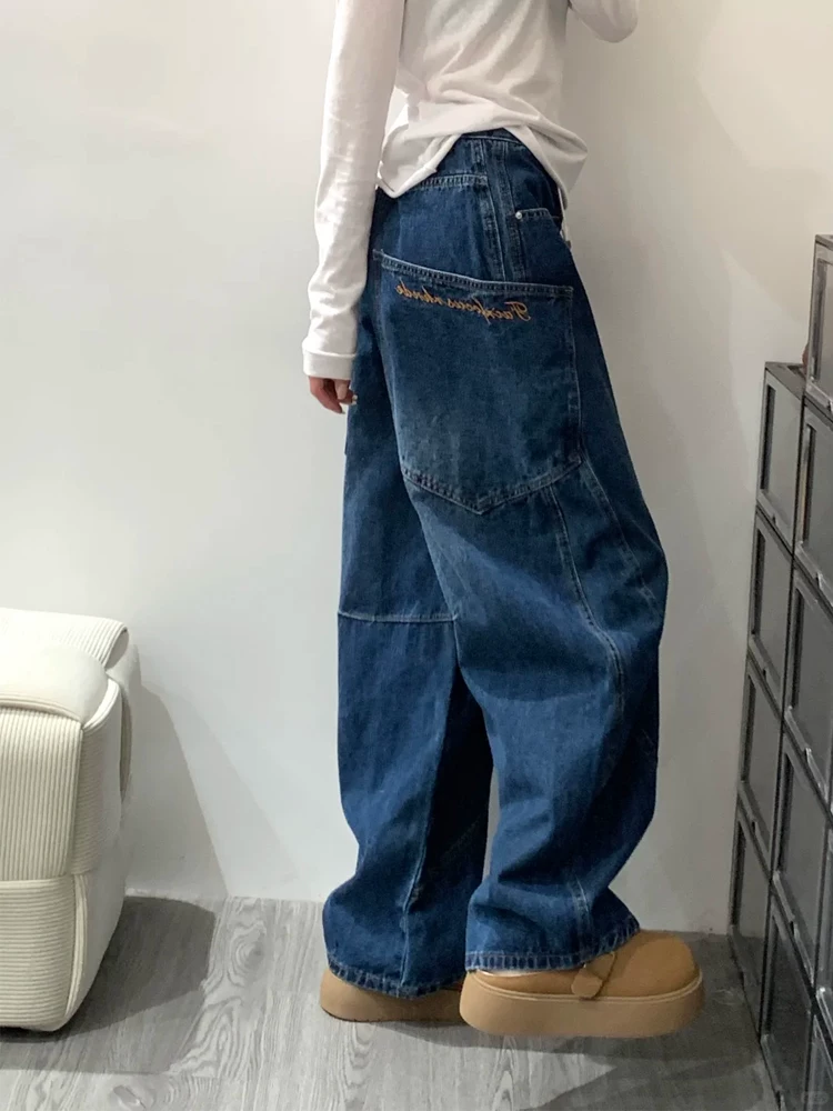 Quần jean kiểu cổ điển Mỹ dành cho nữ, cỡ lớn mùa xuân, cạp cao, dáng rộng, che hông, giảm béo, ống rộng, quần dài đến sàn