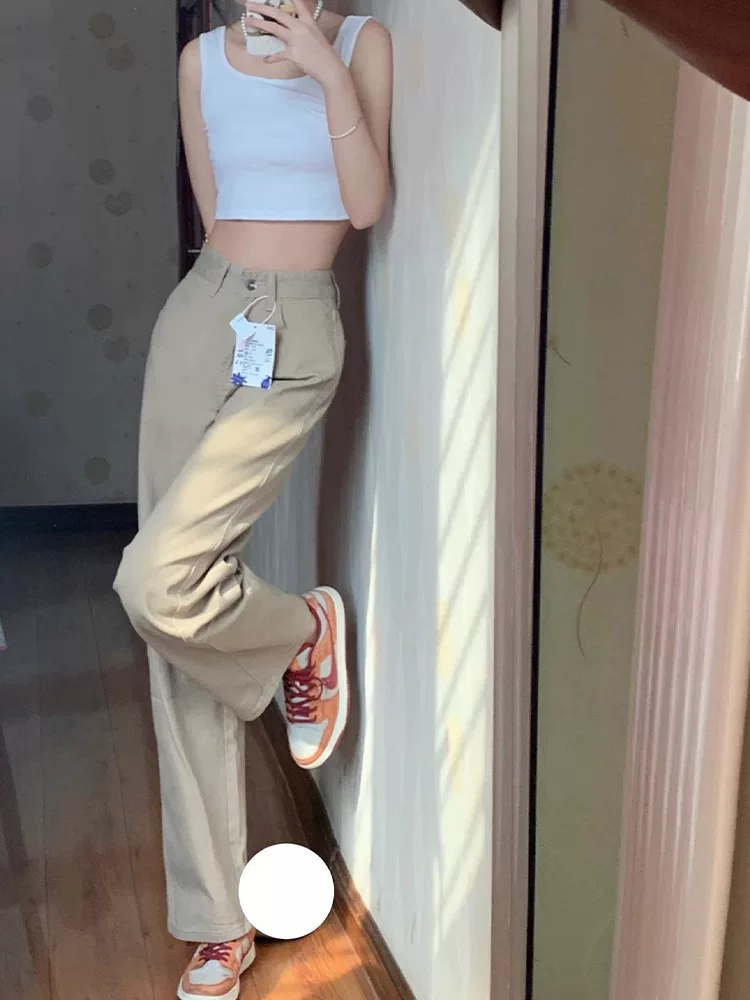 Quần jean kaki ống thẳng cho nữ, phong cách đầu thu, cỡ lớn, lưng cao, che hông, giảm béo, dáng quả lê, quần ống rộng