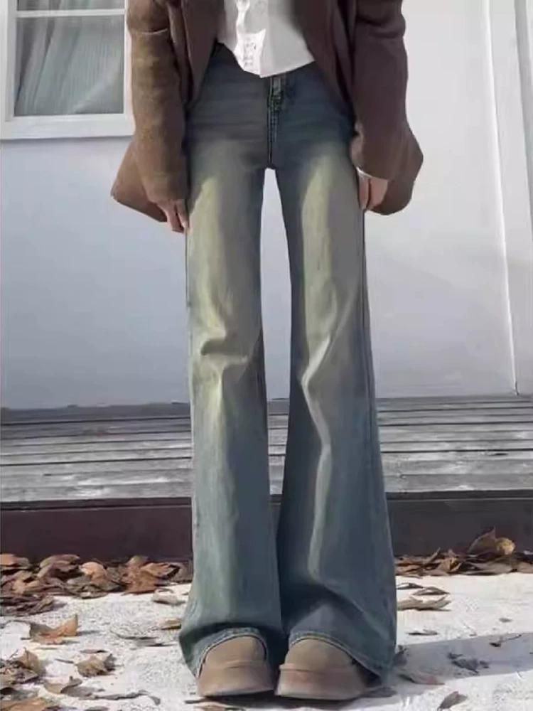 Quần jean xòe màu xanh cổ điển dành cho nữ, mùa thu đông, lót lông cừu, cỡ lớn, lưng cao, co giãn, che hông, giảm béo, quần chuông kiểu móng ngựa.