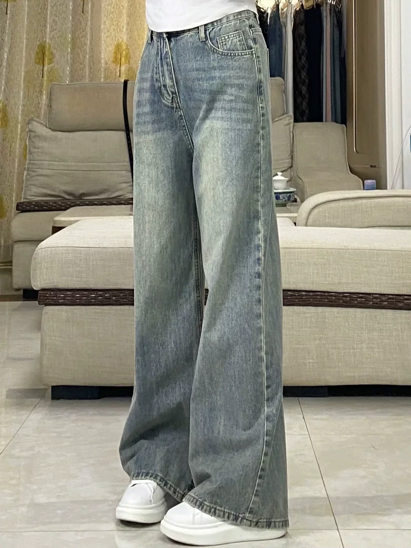 Quần jean ống rộng cổ điển dành cho nữ, phong cách đầu thu, cỡ lớn, lưng cao, dáng rộng, thon gọn, dáng quả lê, quần ống thẳng hẹp