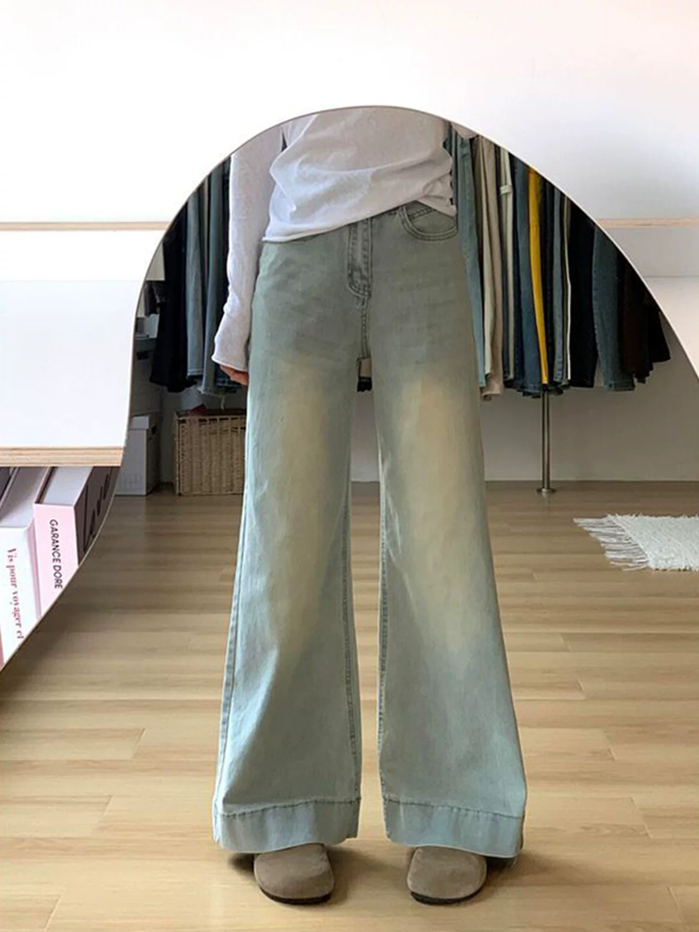 Quần jean ống loe thẳng màu sáng dành cho nữ, đầu thu, cỡ lớn, lưng cao, dáng rộng, co giãn, thon gọn, quần ống chuông nhỏ nhắn