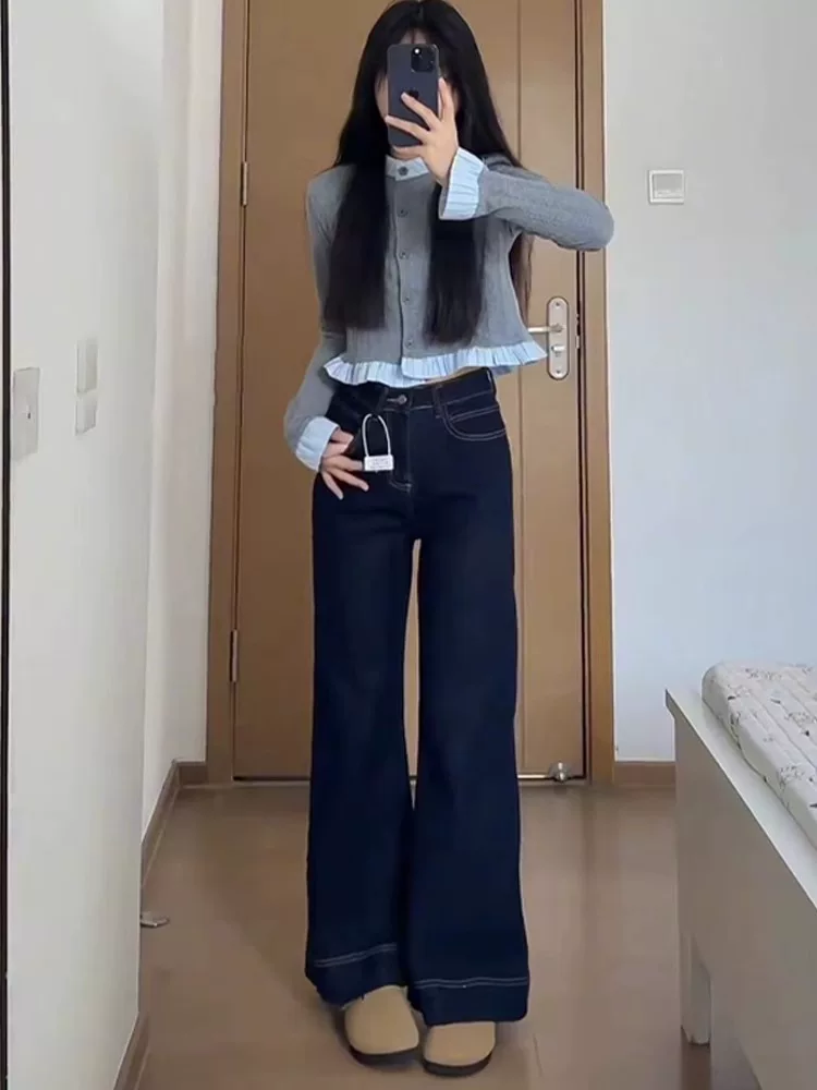 Quần jeans ống loe nữ thu đông 2024, size lớn, cạp cao, che hông, tôn dáng, dành cho người có thân hình dáng lê, quần ống thẳng