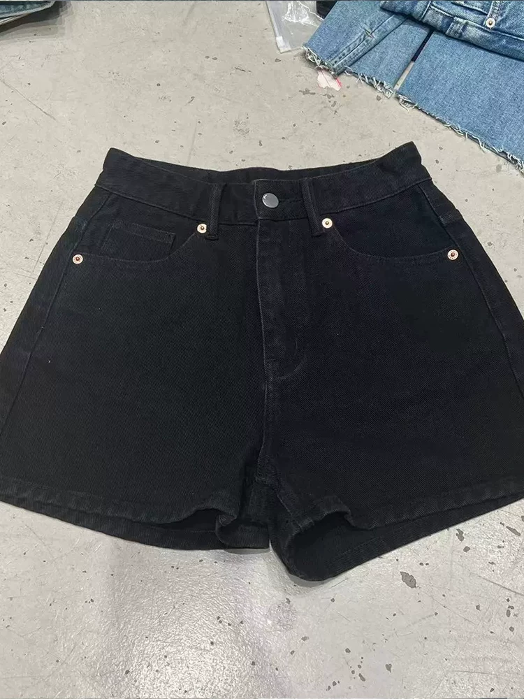 Quần short denim lưng cao màu đen dành cho nữ, dáng quả lê mùa hè, cỡ lớn, lưng cao, che hông, co giãn, quần chữ A tôn dáng