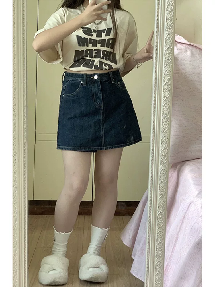 Thân hình quả lê, hơi mũm mĩm, mặc váy denim, size lớn mùa hè dành cho nữ, cạp cao, che bụng, quần váy chữ A thon gọn