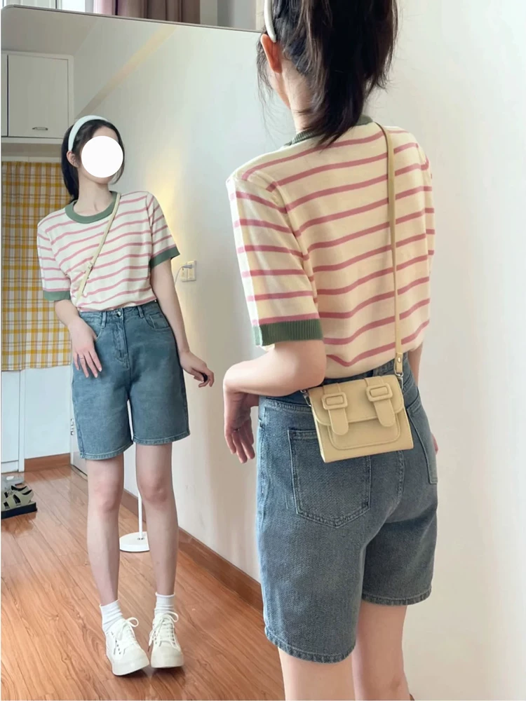 Quần short denim dáng thẳng hình quả lê dành cho nữ, cỡ lớn mùa hè, cạp cao, che hông, quần short dài vừa phải dáng chữ A, dáng rộng, tôn dáng.