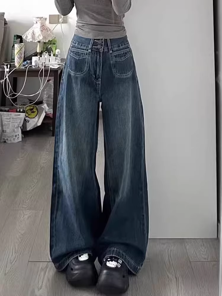 Quần jean ống rộng dành cho nữ có hông và đùi dày, phong cách đầu xuân, cỡ lớn, lưng cao, dáng rộng, mềm mại, tôn dáng, ống thẳng, quần dài chạm sàn