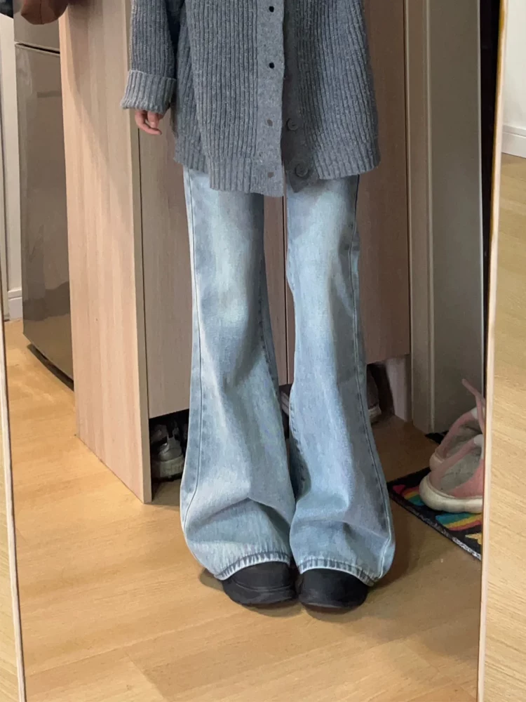 Quần jeans nữ màu sáng, kiểu dáng mới thu đông 2025, size lớn, cạp cao, rộng rãi, tôn dáng, ống rộng, dài chạm sàn