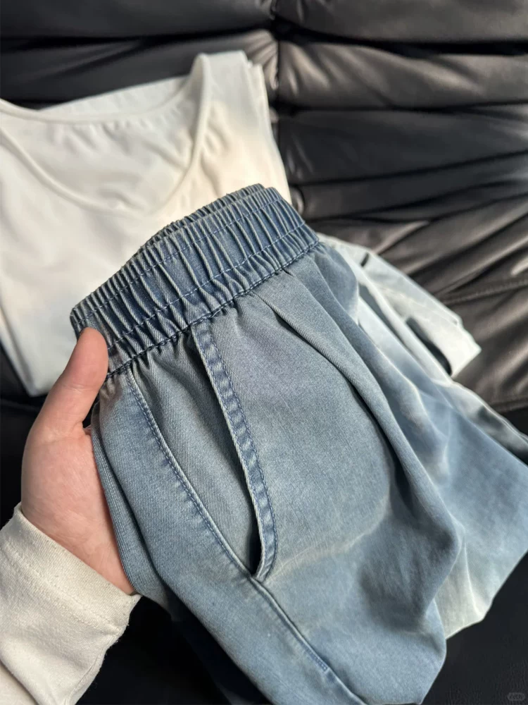 Quần jean ống thẳng Tencel màu xanh nhạt dành cho nữ, kiểu dáng mỏng mùa hè, cỡ lớn, lưng cao, dáng rộng, suôn mềm, quần ống rộng giúp thon gọn.