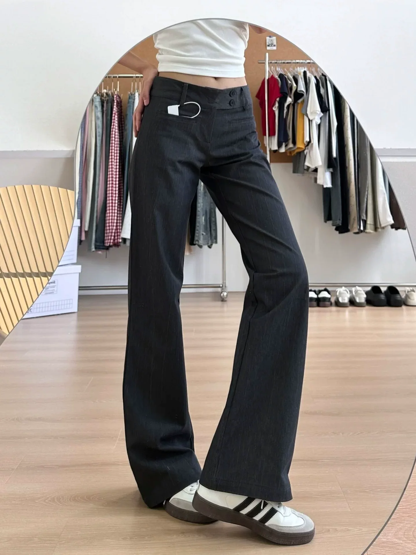 Quần âu kiểu Mỹ dành cho nữ, mùa thu, cỡ lớn, cạp cao, tôn dáng, chất liệu có vân, ôm dáng, hơi loe.