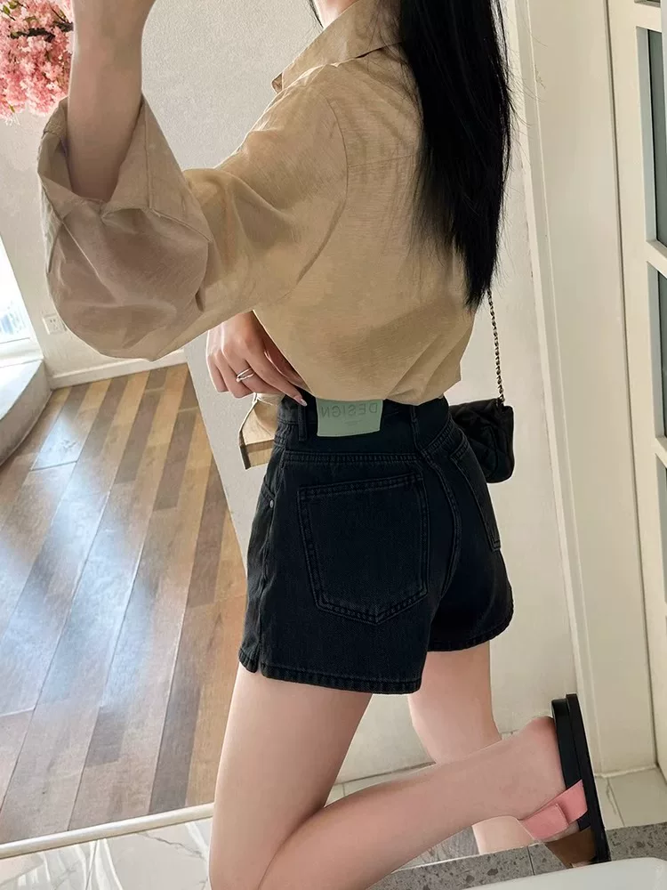 Quần short denim xẻ tà lưng cao dáng quả lê dành cho nữ, size lớn mùa hè, dáng nhỏ nhắn, co giãn, quần chữ A tôn dáng