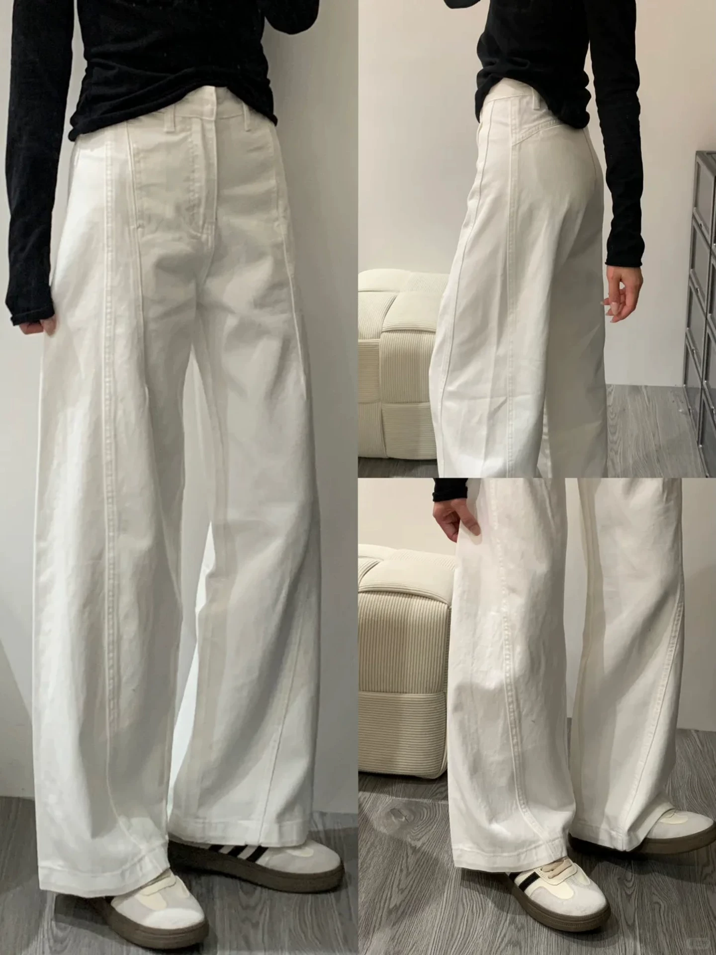 Quần jean trắng ống thẳng cho nữ, mùa thu, cỡ lớn, lưng cao, dáng rộng, giảm béo, dáng quả lê, quần ống rộng