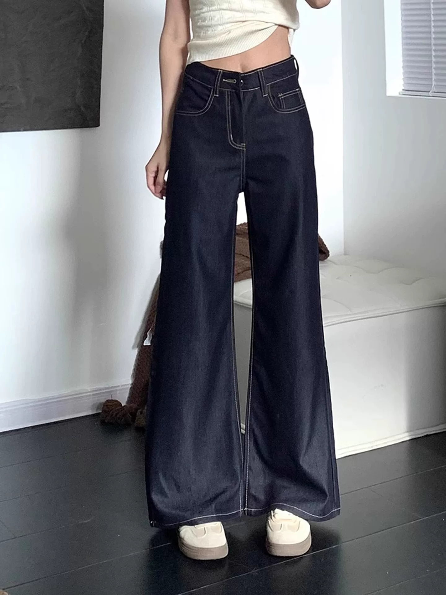 Quần jean ống thẳng màu xanh denim dành cho nữ, kiểu dáng mỏng mùa hè, cỡ lớn, lưng cao, tôn dáng, quần ống rộng bằng vải lụa băng mềm mại.