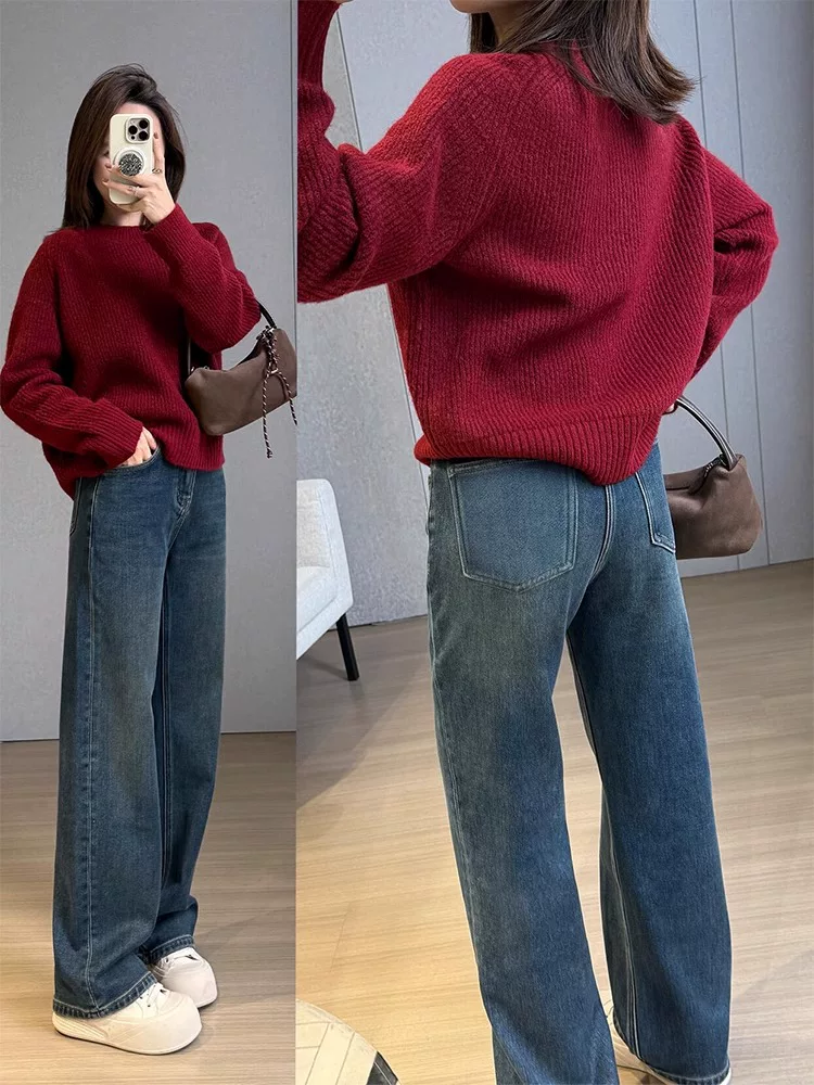 Quần jean ống rộng màu xanh cổ điển dành cho nữ, kiểu dáng mùa xuân mới, cỡ lớn, lưng cao, che hông, giảm béo, ống thẳng, quần dài chạm sàn.