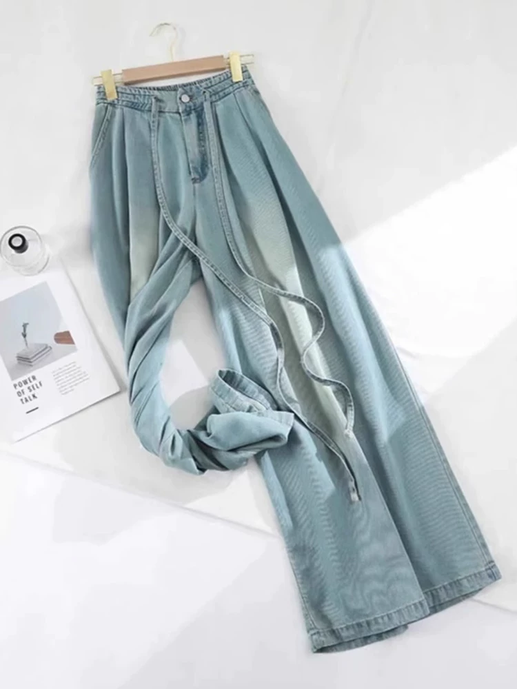 Quần jeans Tencel nữ hè 2025 mỏng, size lớn, cạp cao, dáng rộng, tôn dáng, phong cách lười, ống rộng, dài chạm sàn