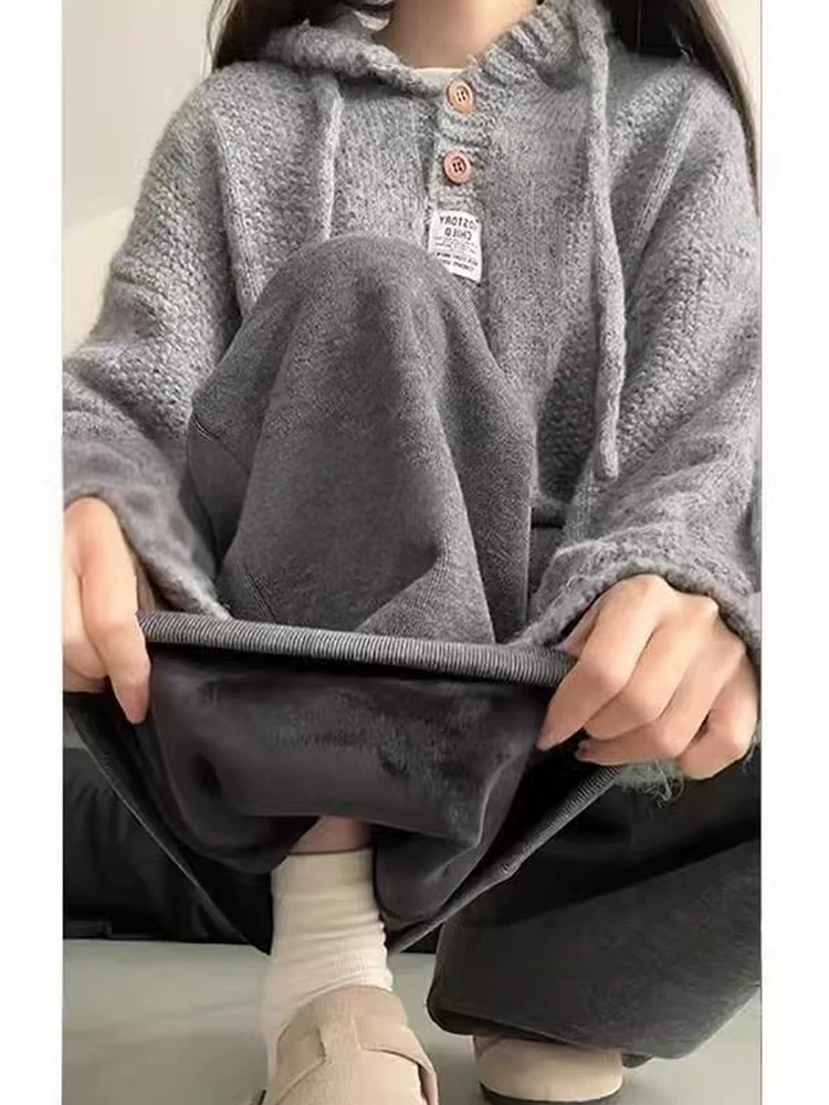 Quần gạo nếp kiểu lười dành cho nữ, mùa thu đông, lót lông cừu, cỡ lớn, lưng cao, dáng suôn, giảm béo, dáng quả lê, quần ống rộng thông thường