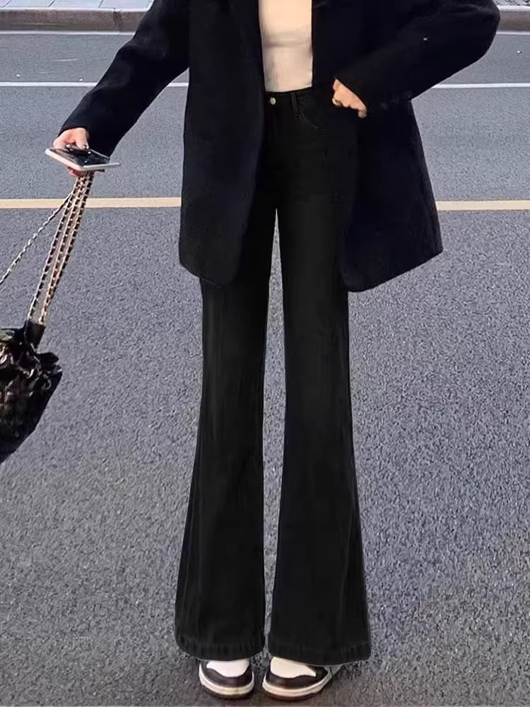 Quần jean đen dáng loe nữ, kiểu mới thu đông 2025, size lớn, cạp cao, co giãn, che hông, tôn dáng, quần ống chuông