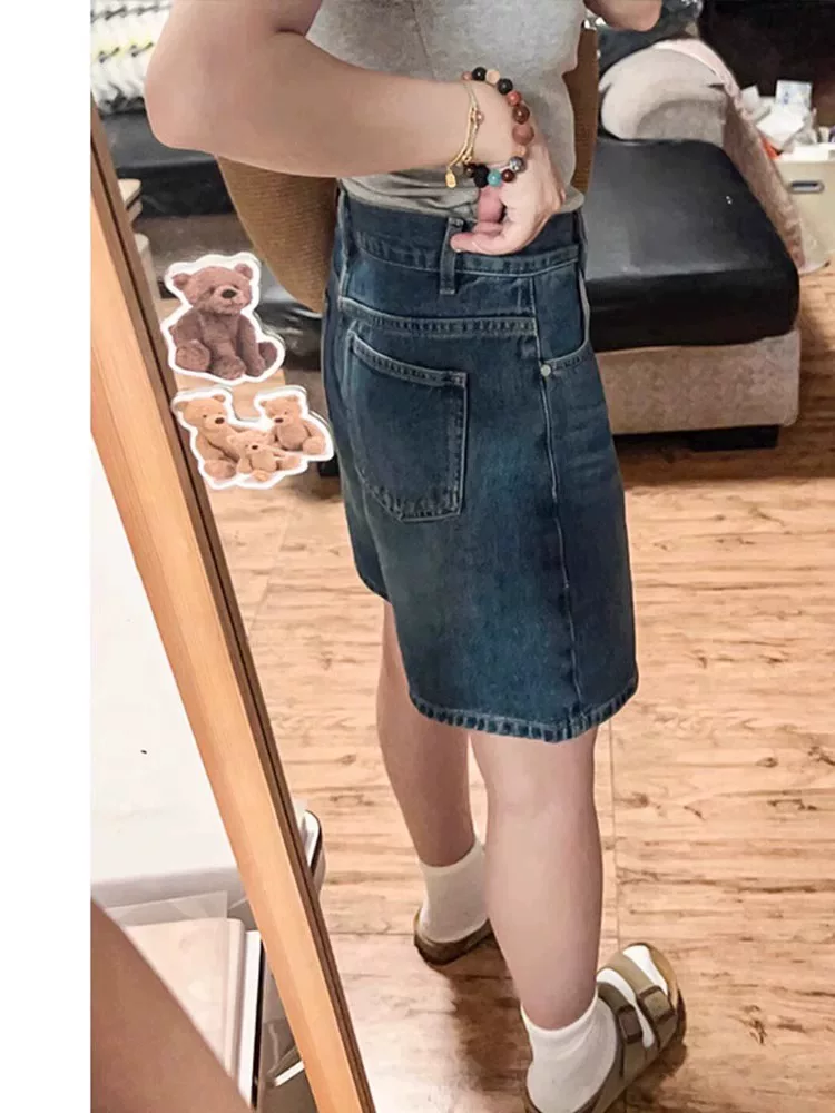 Quần short denim ống rộng kiểu dáng cổ điển hình quả lê dành cho nữ, cỡ lớn mùa hè, cạp cao, dáng rộng, dáng suông, quần short dài vừa phải, dáng thẳng.