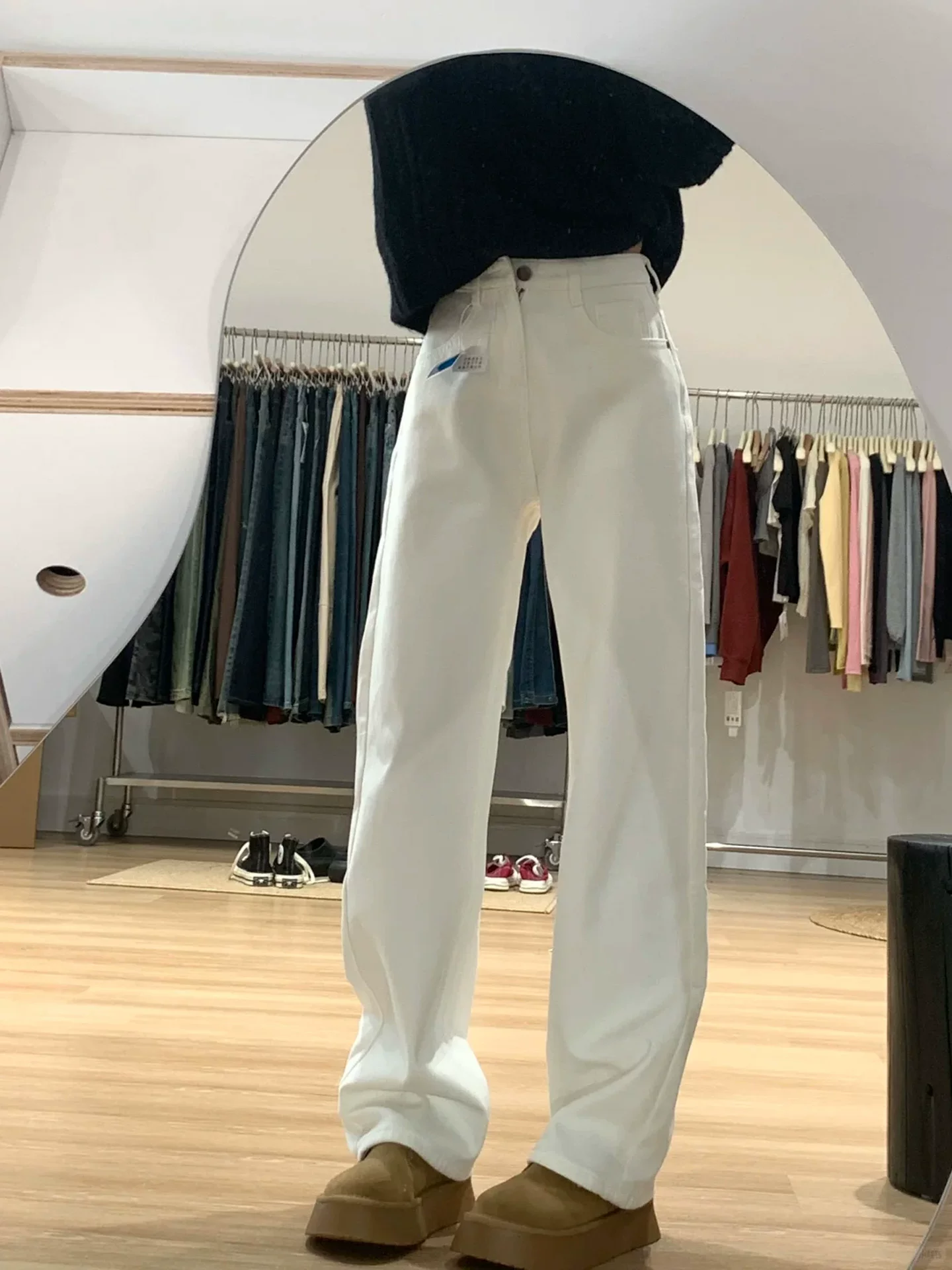 Quần jean ống đứng dày lót lông cừu màu trắng dành cho nữ, cỡ lớn mùa đông, cạp cao, dáng rộng, dáng rộng, che hông, quần ống rộng