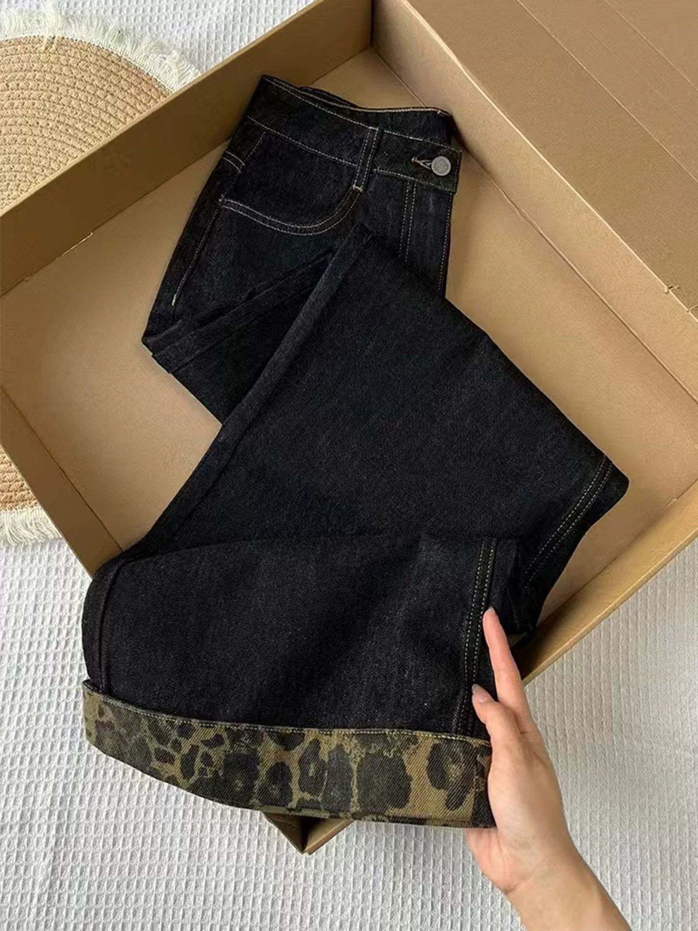 Quần jean chắp vá họa tiết da báo cổ điển dành cho nữ, mùa thu, cỡ lớn, dáng rộng, giảm béo, lưng cao, dáng quả lê, quần ống rộng thẳng